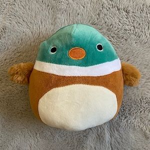 This is a lightly used green and brown duck stuffed andimal squishmellow